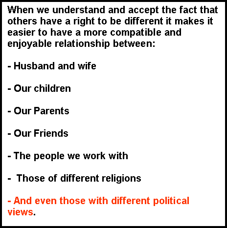 Text Box: When we understand and accept the fact that others have a right to be different it makes it easier to have a more compatible and enjoyable relationship between:

- Husband and wife

- Our children

- Our Parents

- Our Friends

- The people we work with

-  Those of different religions

- And even those with different political views.